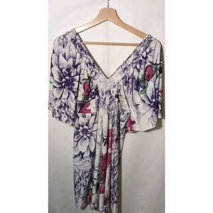 VictoriaM Floral Wing Sleeve Dress, White, Red, Black, Medium